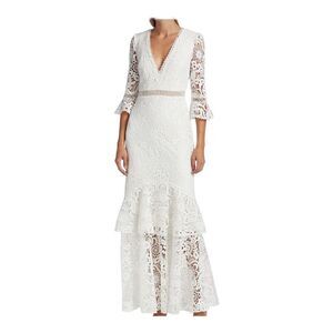 Monique Lhuillier Three-Quarter Sleeve White Lace Trumpet Gown Size 6